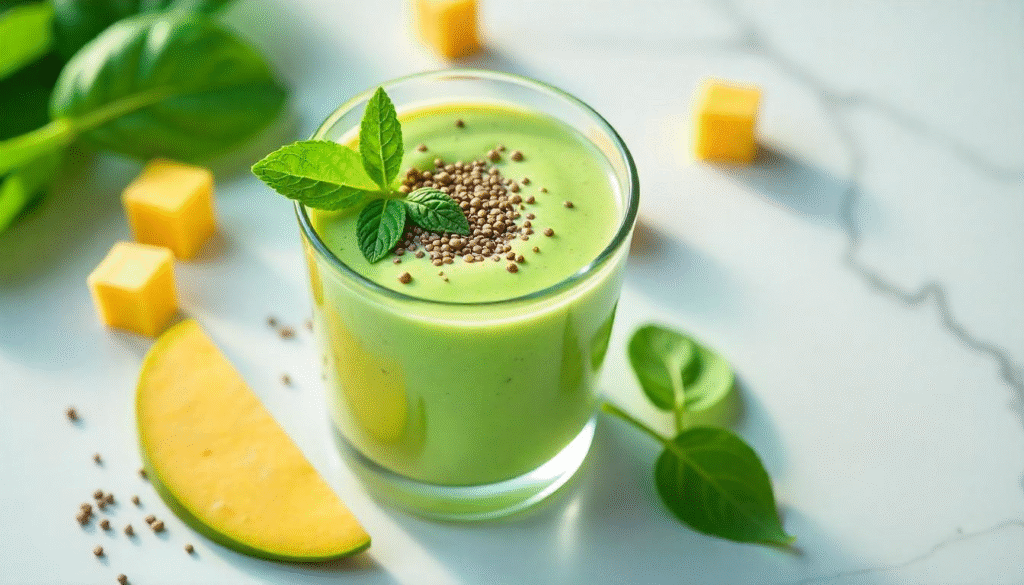 Smoothie de manga madura, espinafre fresco e chia