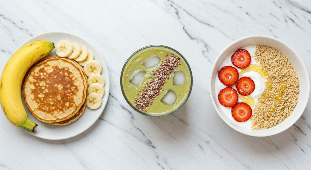 Receitas saudáveis café da manhã: panqueca de aveia e vitamina para energia.