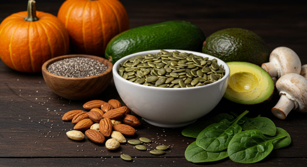 Nutrição para saúde masculina: sementes de abóbora, espinafre e abacate elevam testosterona e vitalidade.
